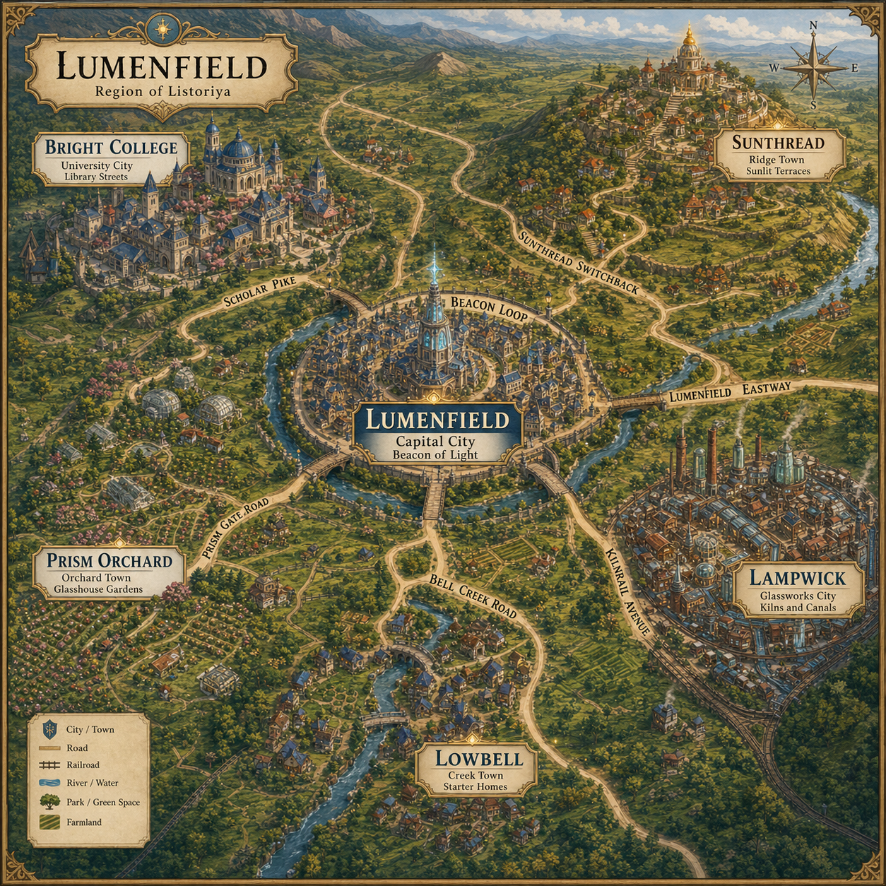 Illustrated regional map of Lumenfield with Lumenfield city, Bright College, Sunthread, Lampwick, Prism Orchard, and Lowbell